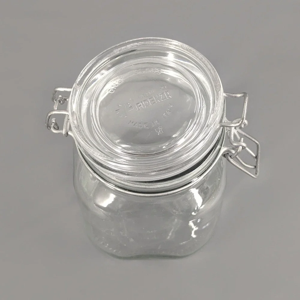 Fidenza Vetraria Italy Clear Glass Hermetic Jar Wire Bail Swing Top 6.5in